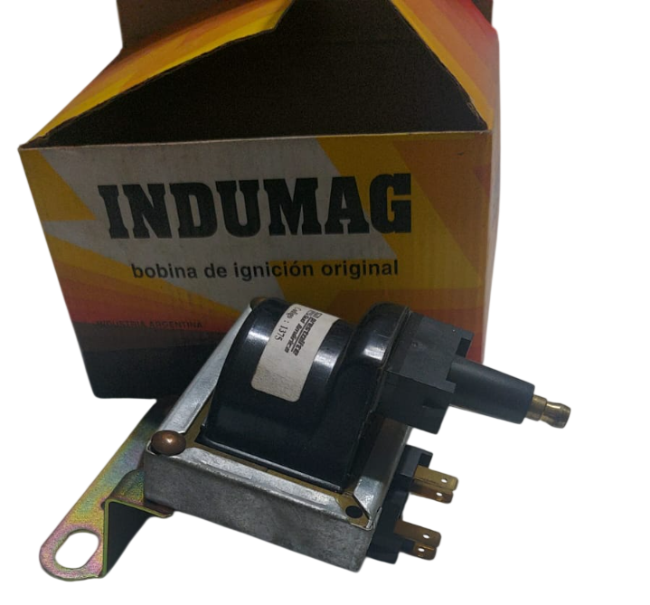 Bobina de encendido con soporte, caja INDUMAG, color negro y dorado.