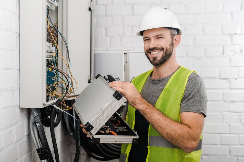 Smiling Electrican Holding Toolbox Near Electrical Box — Big Electrics in Redlynch, QLD