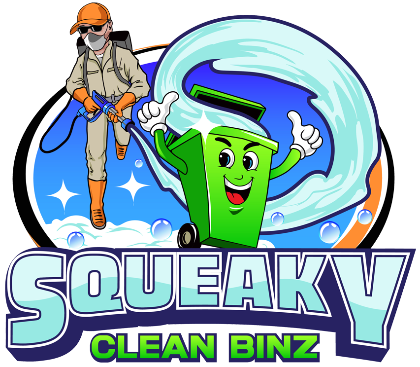 A logo for squeaky clean binz with a green trash can