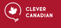 The logo for clever canadian has a maple leaf in a speech bubble.