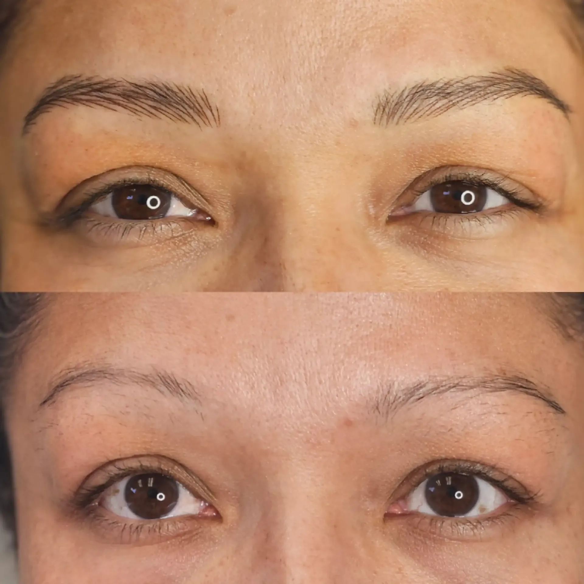 A before and after picture of a woman 's eyebrows