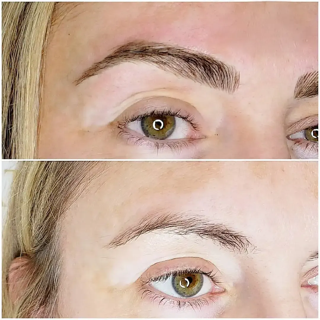 A before and after photo of a woman 's eyebrows.