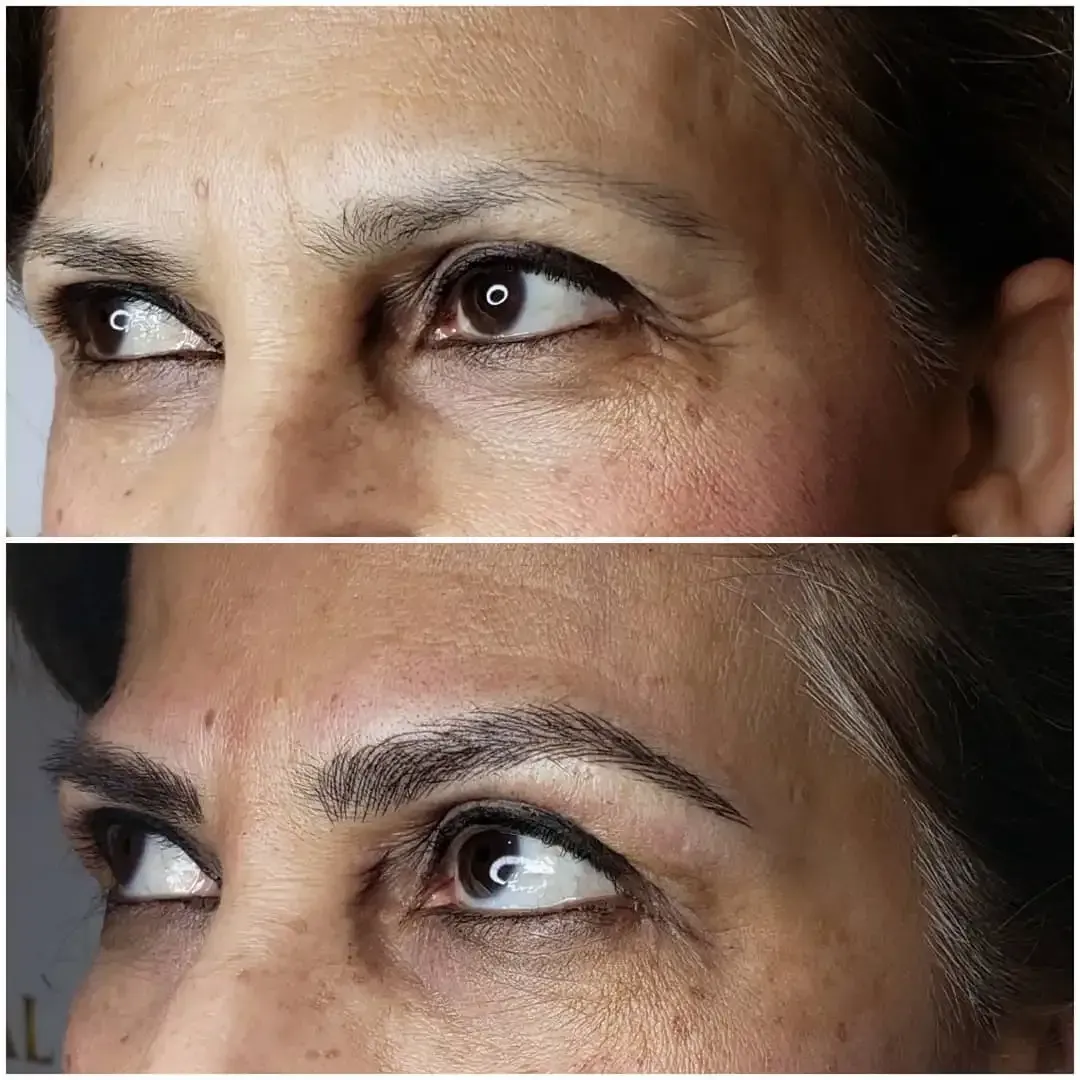 A before and after photo of a woman 's eyebrows.
