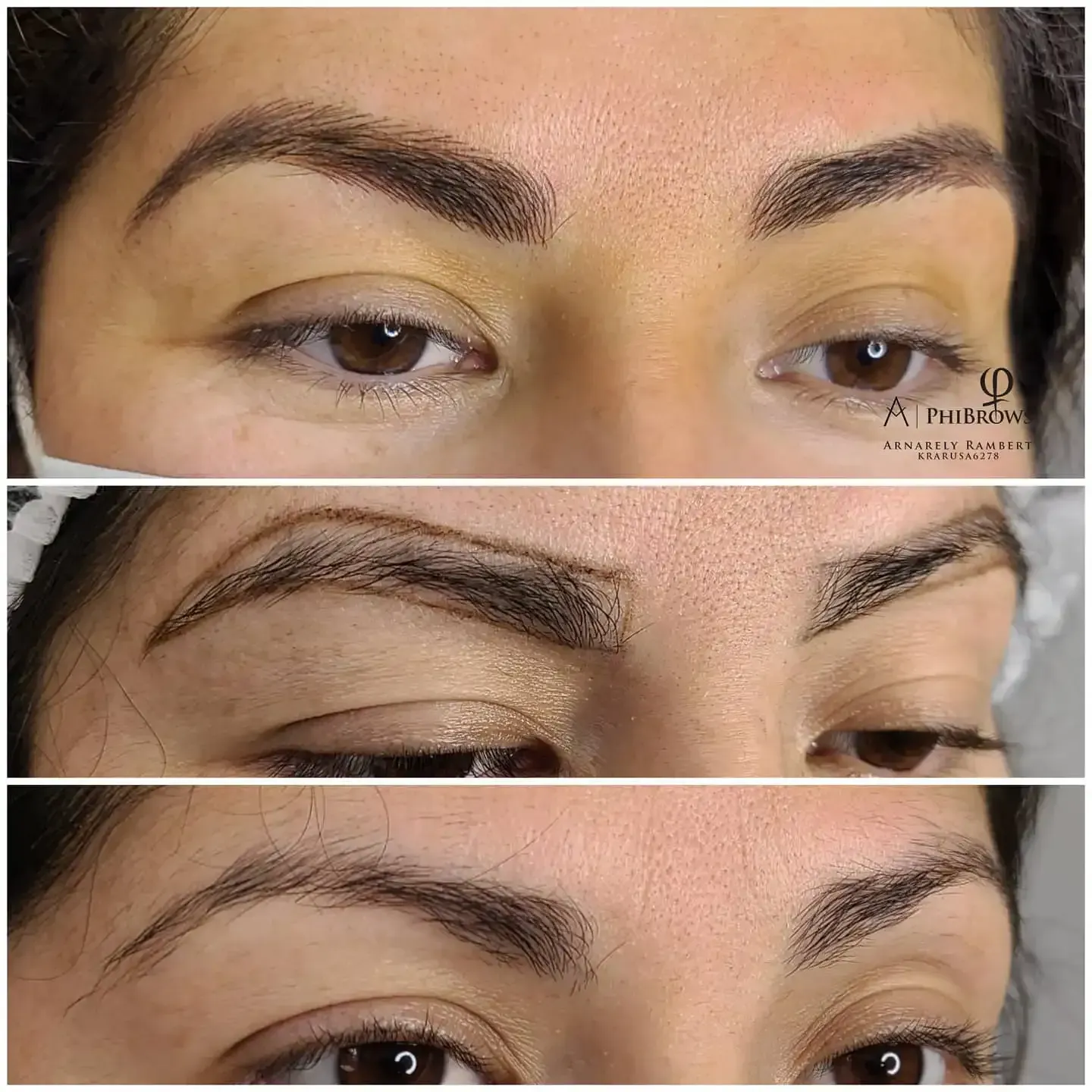 A collage of three pictures of a woman 's eyebrows before and after permanent makeup.