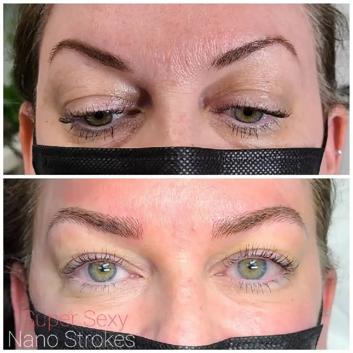 A before and after photo of a woman 's eyebrows.