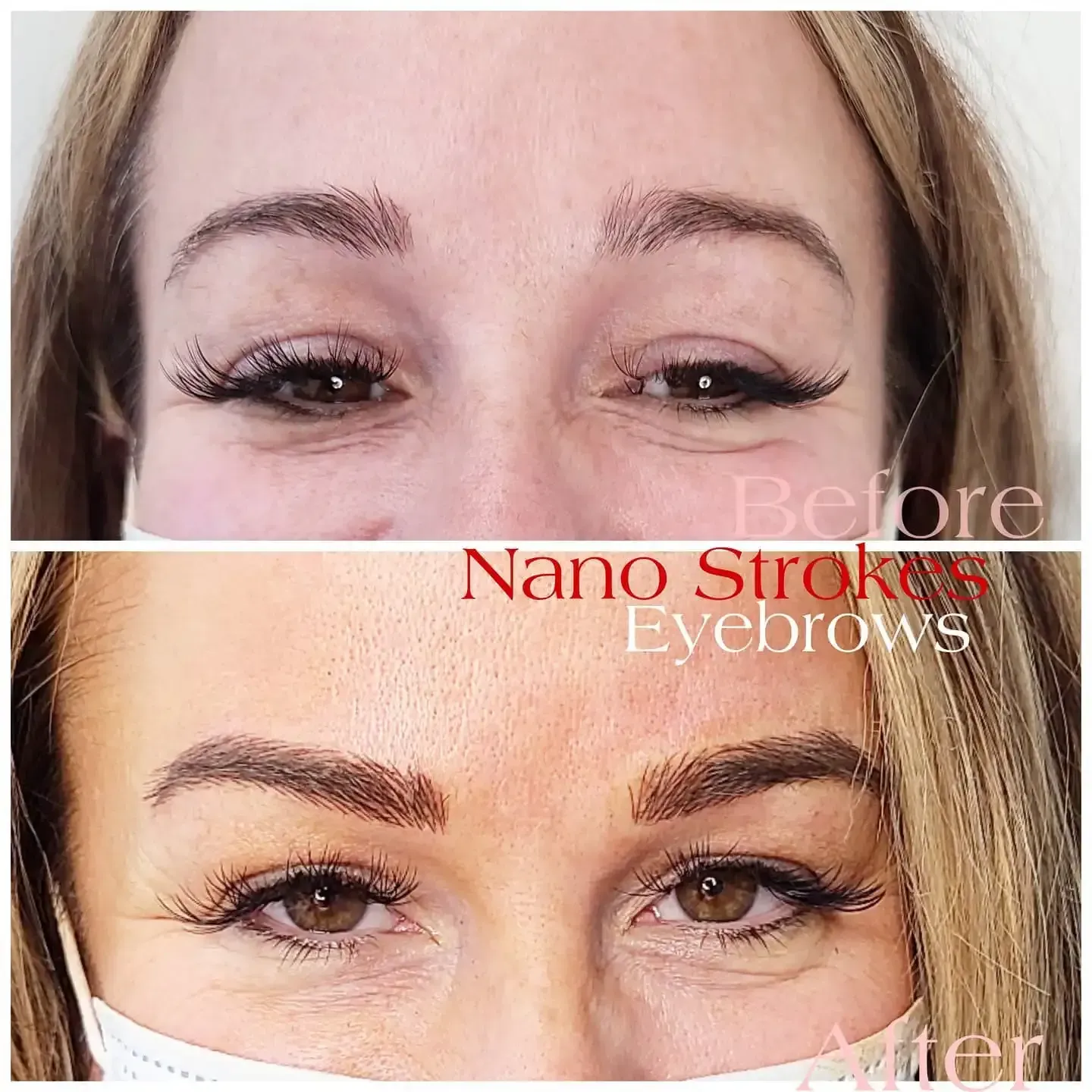 A before and after photo of a woman 's eyebrows.