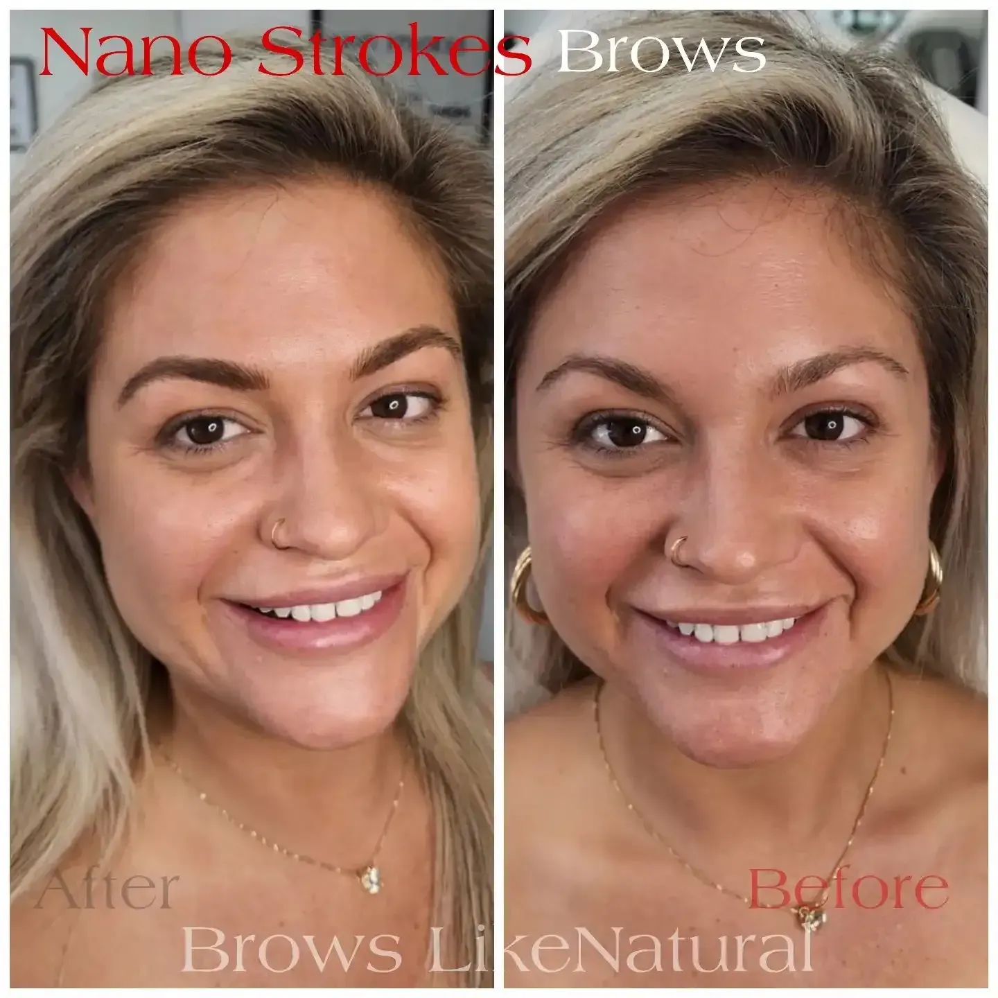 A before and after photo of a woman 's eyebrows.