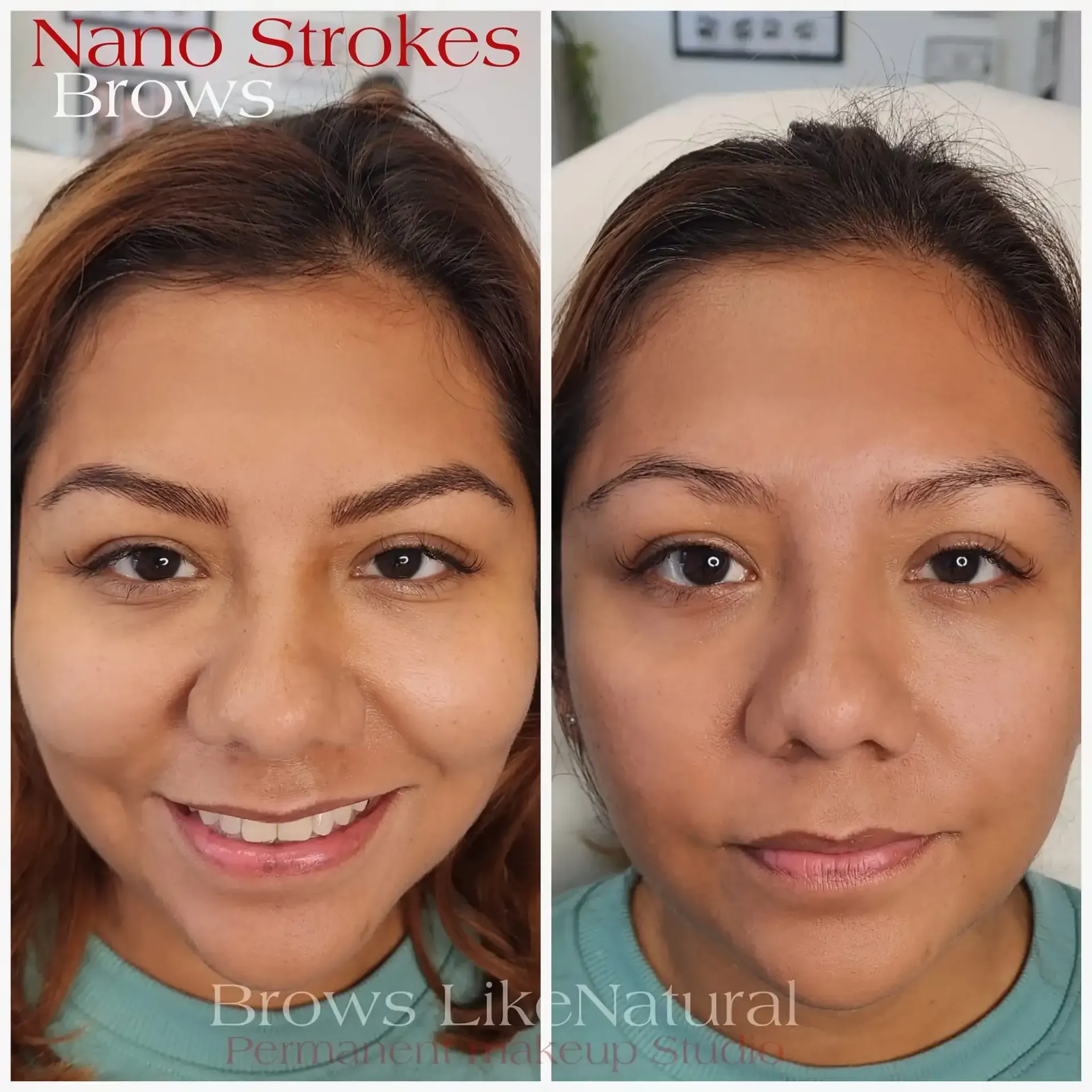 A before and after photo of a woman 's face with nano strokes brows.