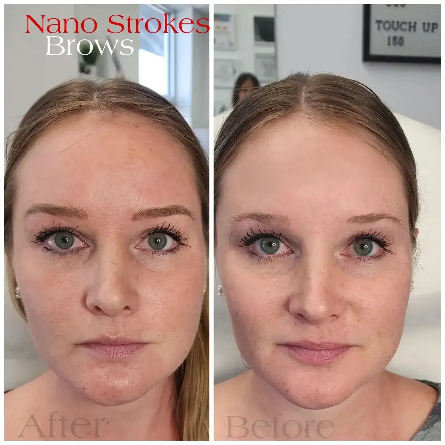 A before and after photo of a woman with nano strokes brows