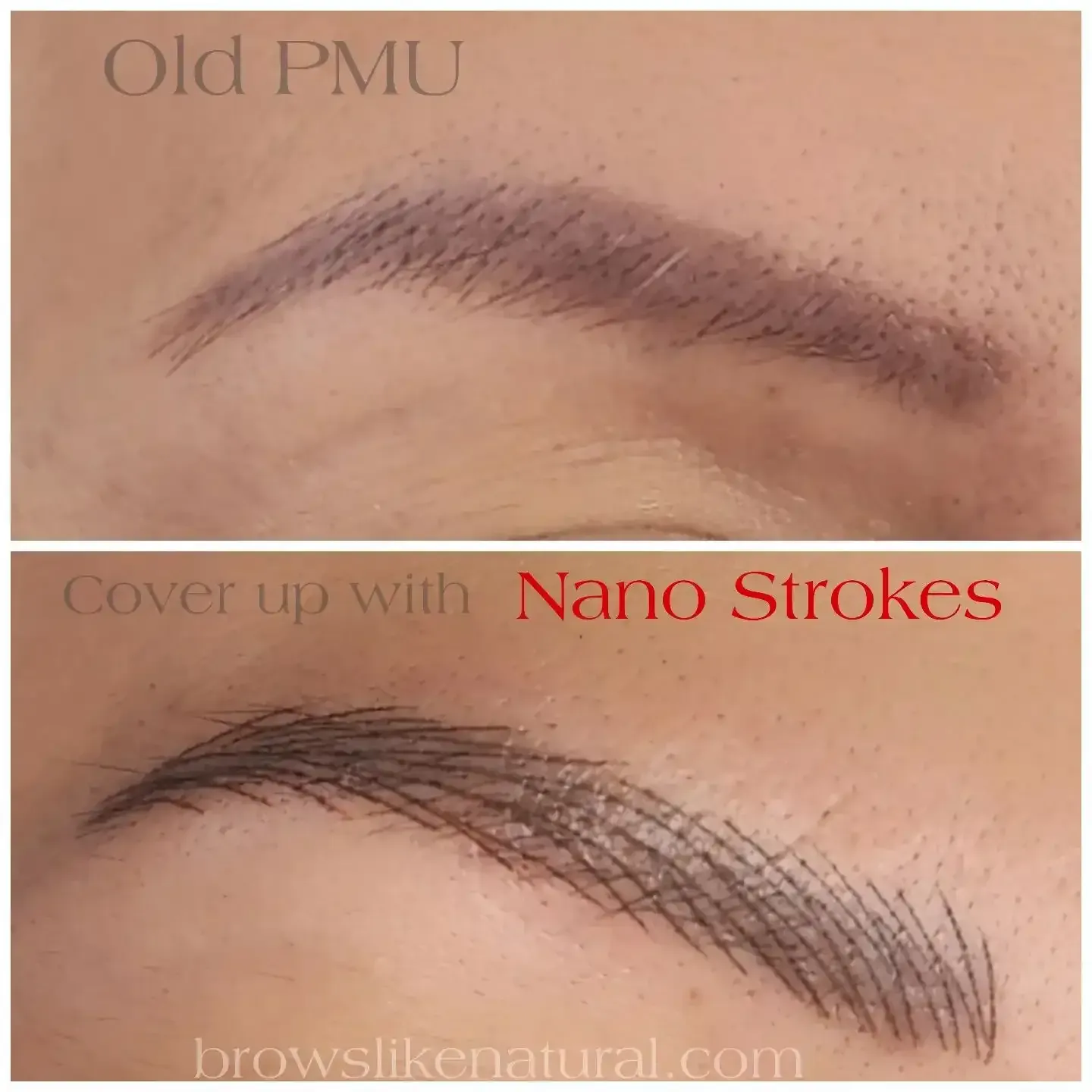 A before and after photo of a woman 's eyebrows with nano strokes