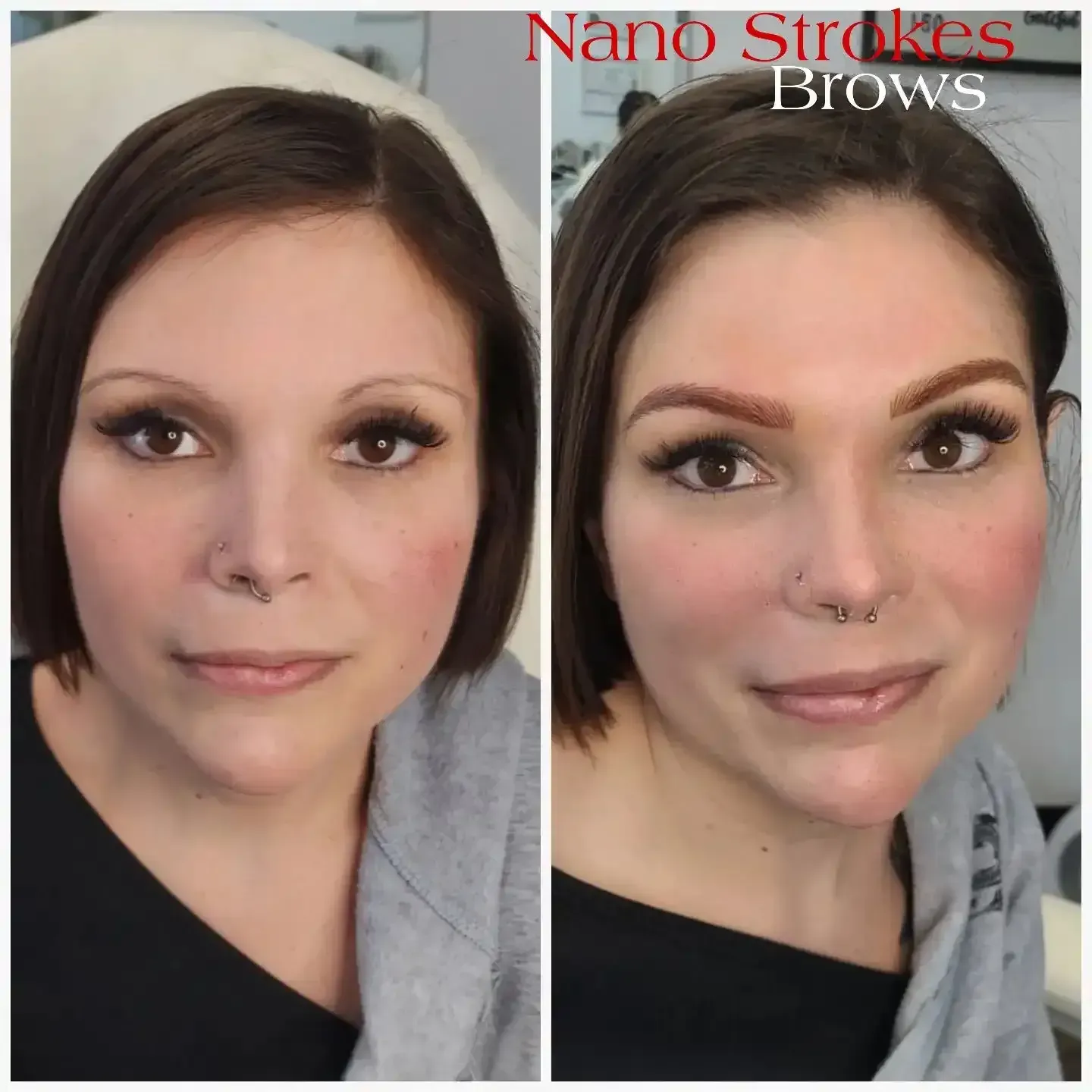 A before and after photo of a woman with nano strokes brows