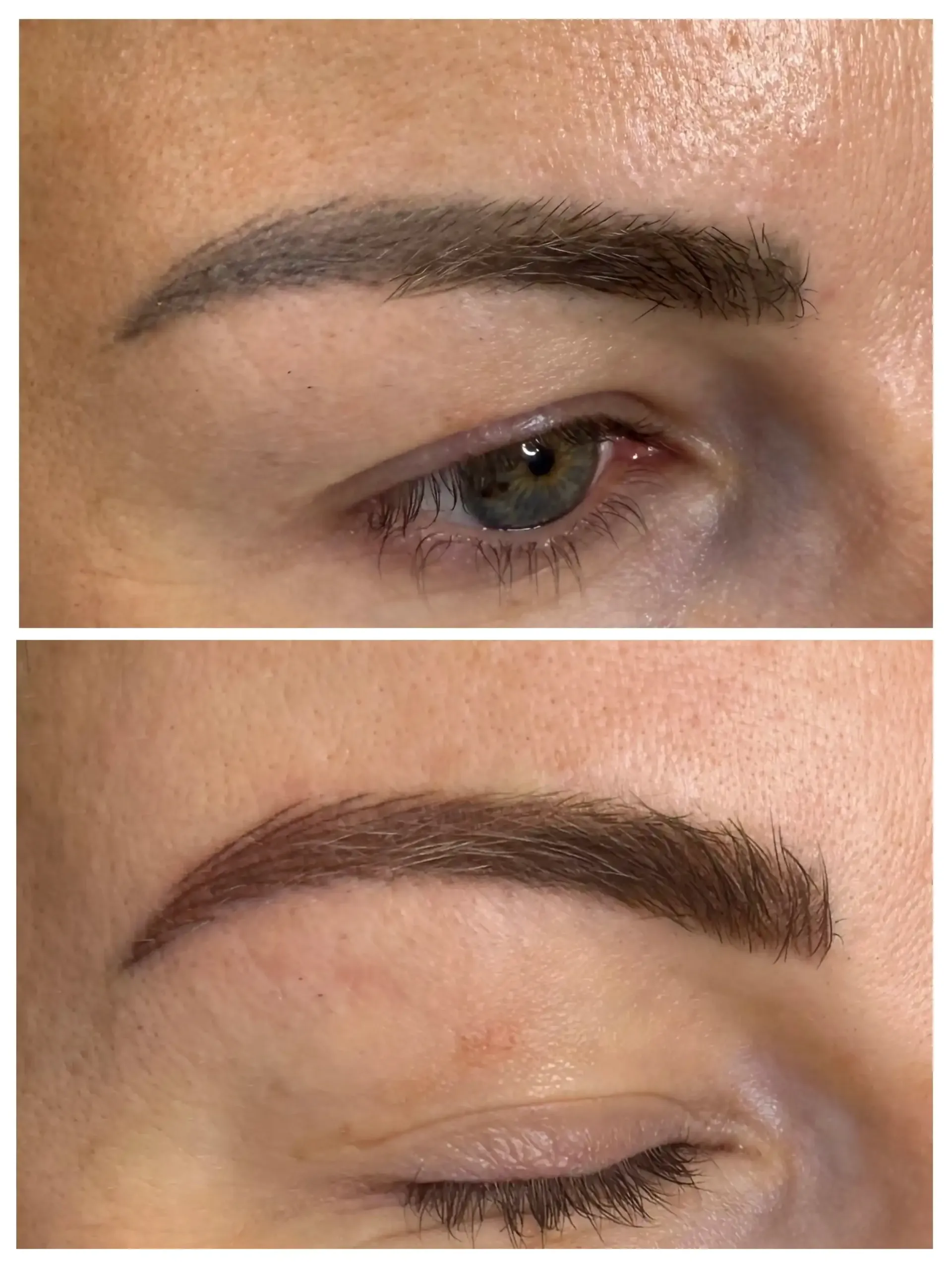 A before and after picture of a woman 's eyebrows.