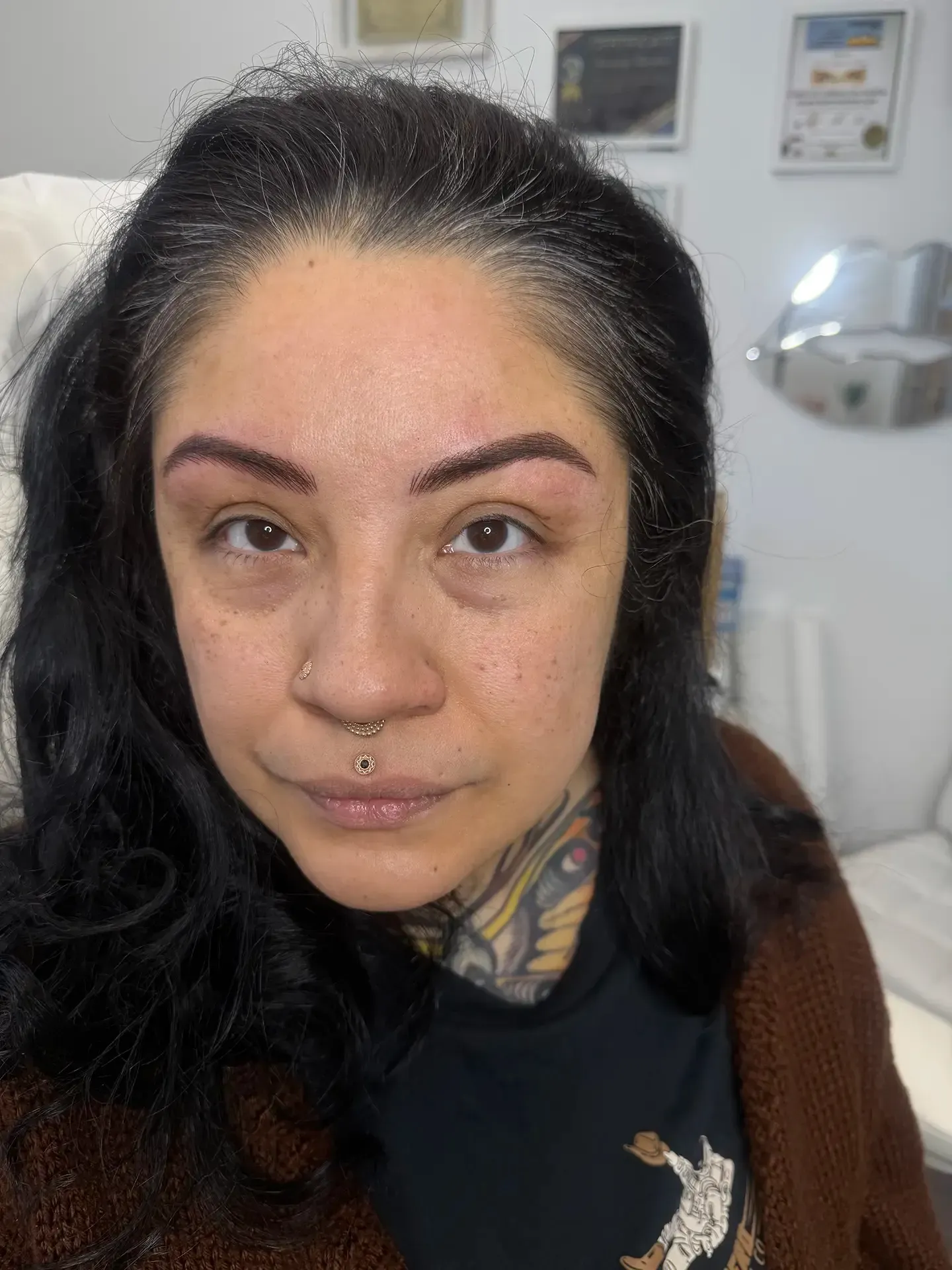 Woman with new eyebrow tattoos, multiple face piercings, and dark hair.