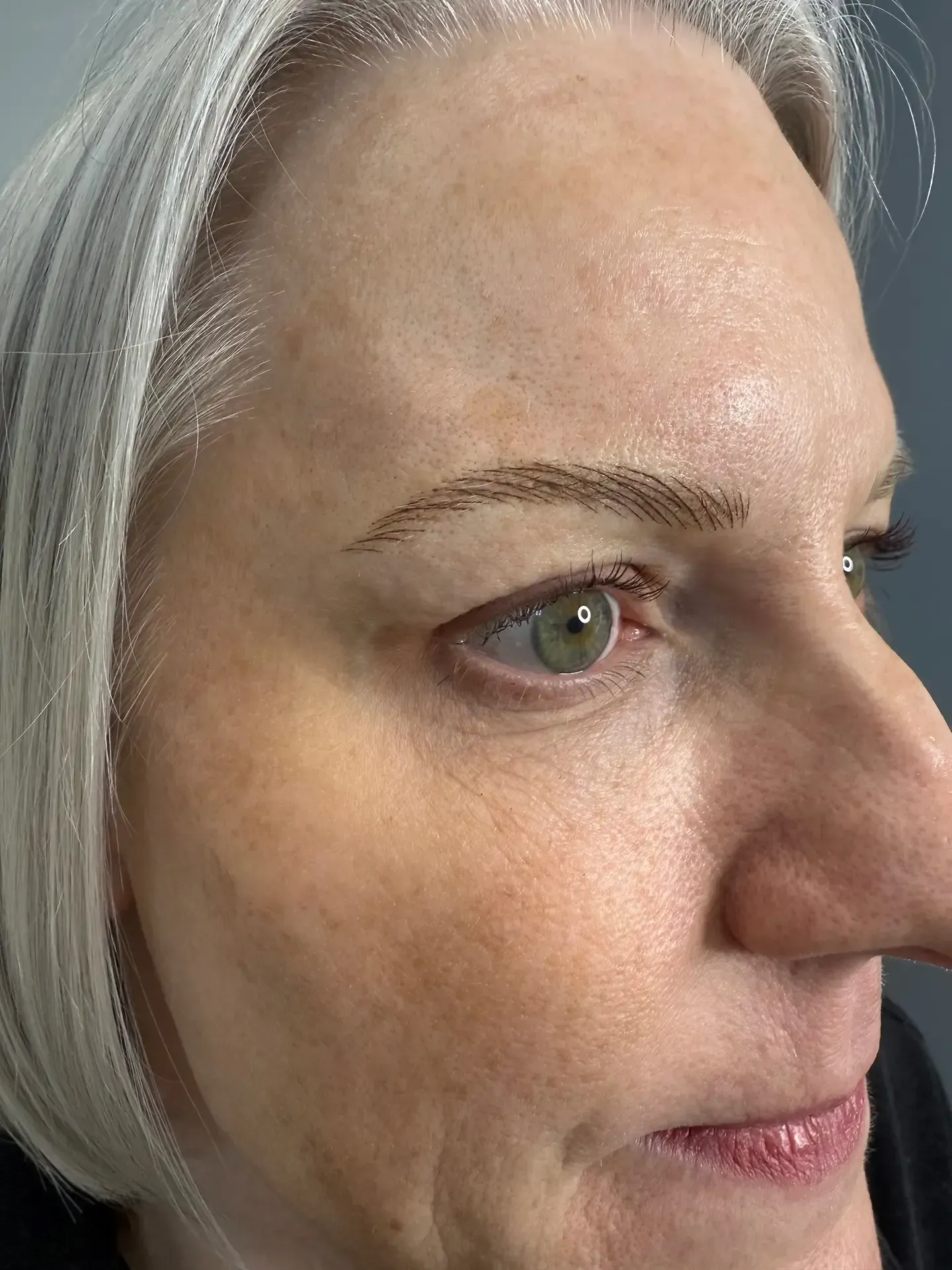 A fair-skinned woman with gray hair and light brown eyebrow microblading looks off to the side. Her eye is green.