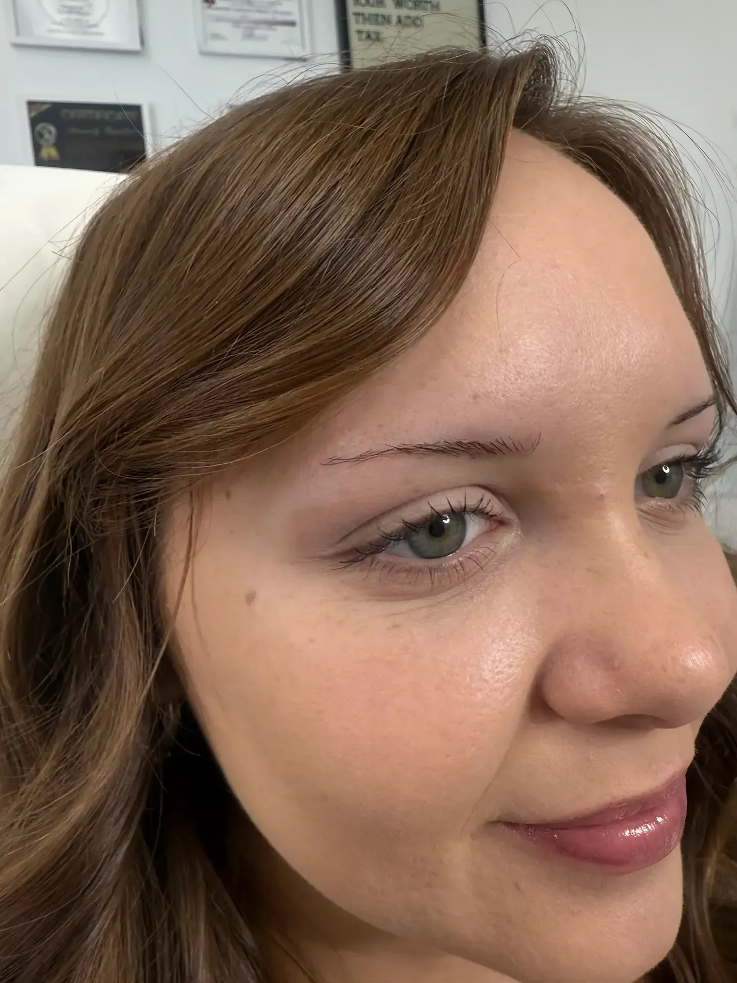 Woman with brown hair, a partly visible forehead, and thin, tattooed eyebrow outlines. She smiles subtly.