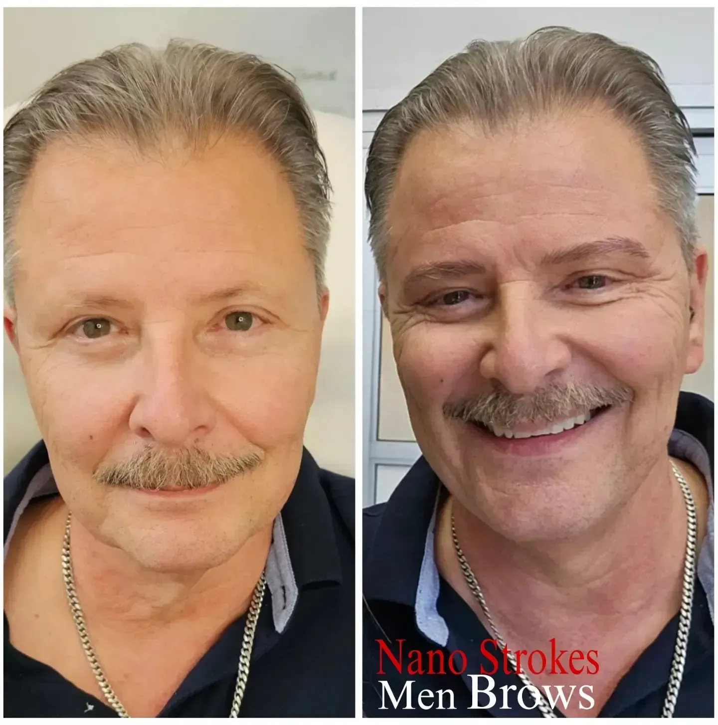 Side-by-side photos of a man before and after receiving eyebrow microblading. The right photo shows fuller, defined eyebrows.