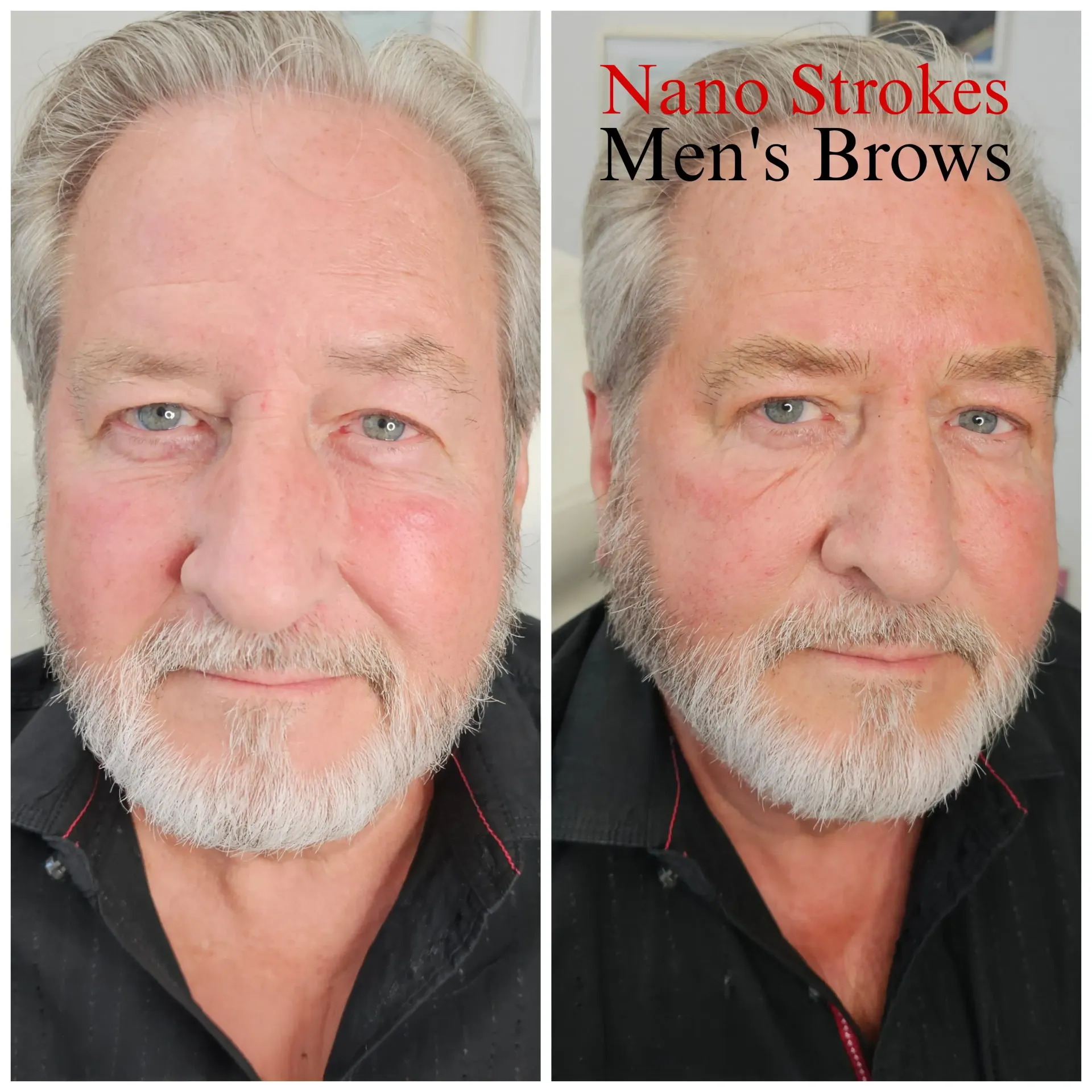 Before and after comparison of a man's brows, showing hair stroke brow enhancements. The man has gray hair and a gray beard.
