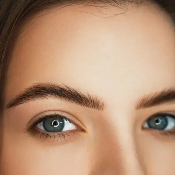 A close up of a woman 's face with blue eyes and brown eyebrows.