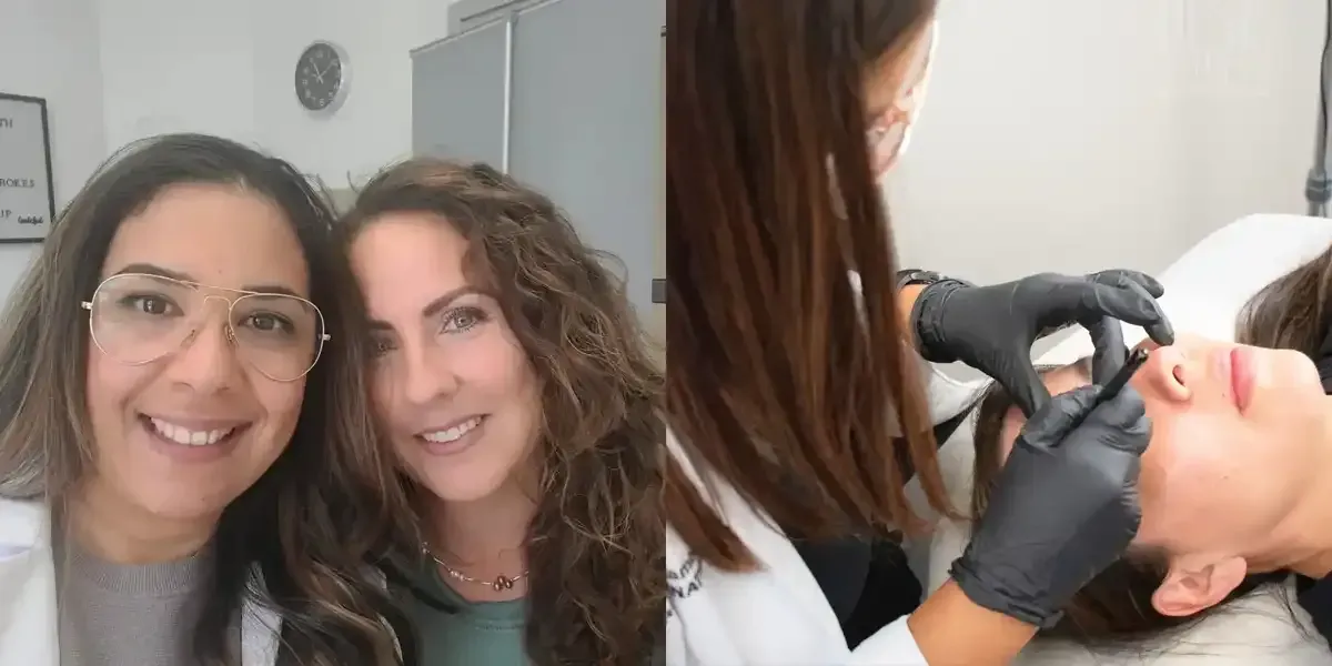 Two women are standing next to each other and a woman is getting a facial treatment.