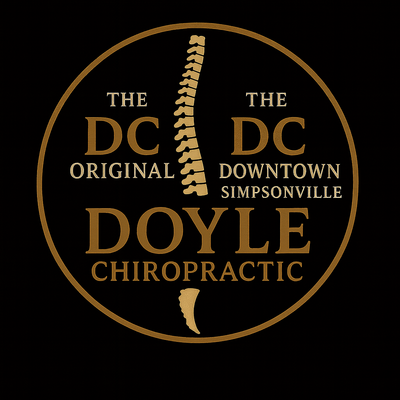 Logo for Doyle Chiropractic in Simpsonville, SC; gold script name in a gold circle on black background.