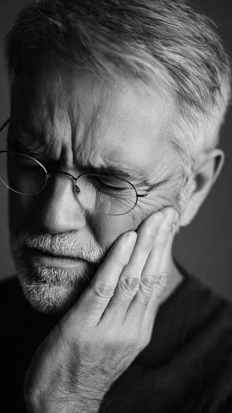 Older man outdoors, clutching his lower back in pain. Green shirt, trees in background.
