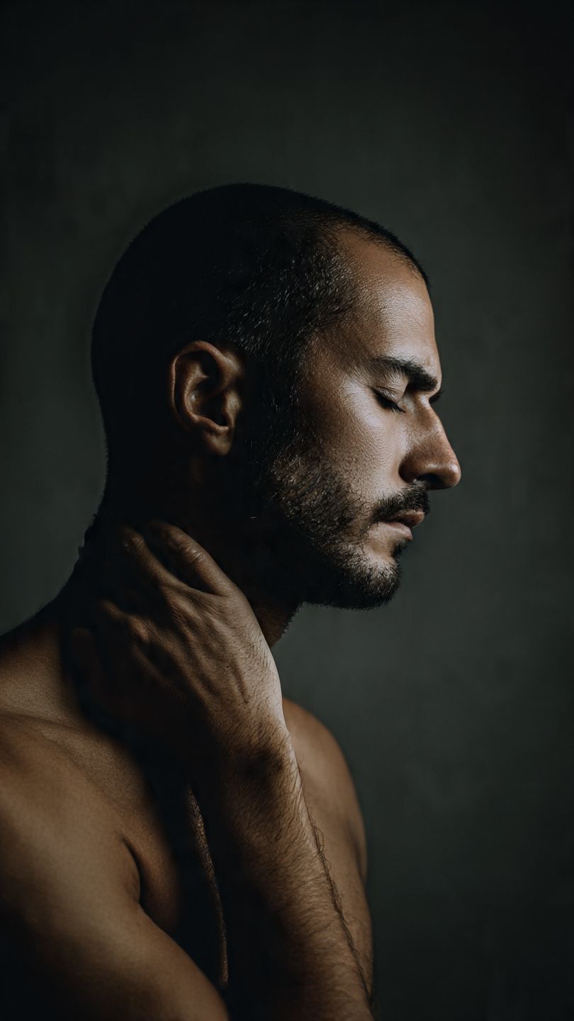 A man is giving an older woman a neck massage while wearing a mask.