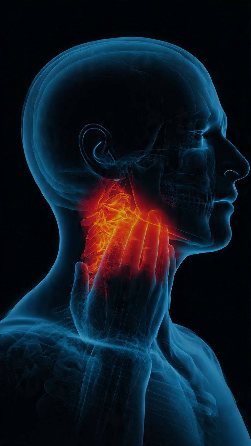 A man is giving an older woman a neck massage while wearing a mask.