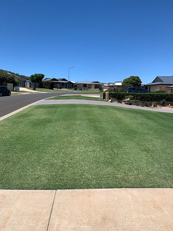 A lush green lawn in a residential area next to a footpath.