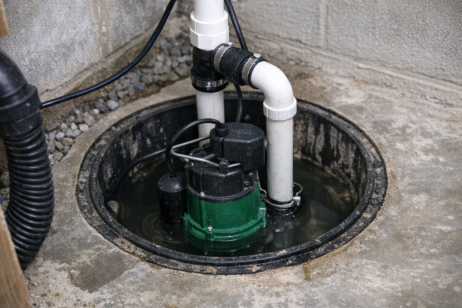 A green sump pump sitting in a water-filled pit with PVC discharge pipes in a basement floor.