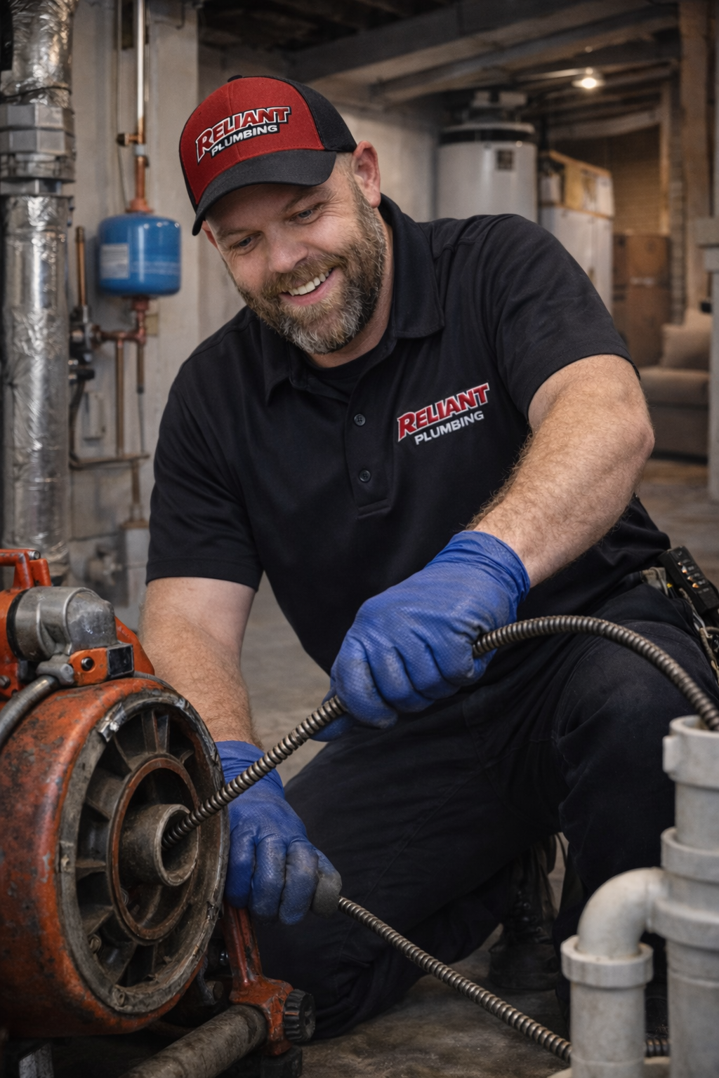 Plumber in black polo and cap, using a drain snake on machinery, smiling. Inside a basement.