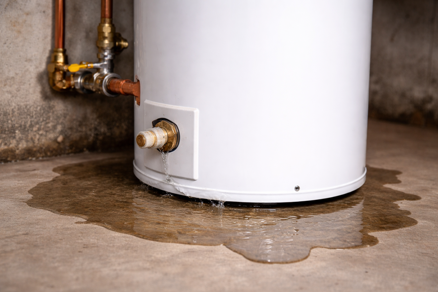 A white water heater tank leaking water onto a concrete floor.