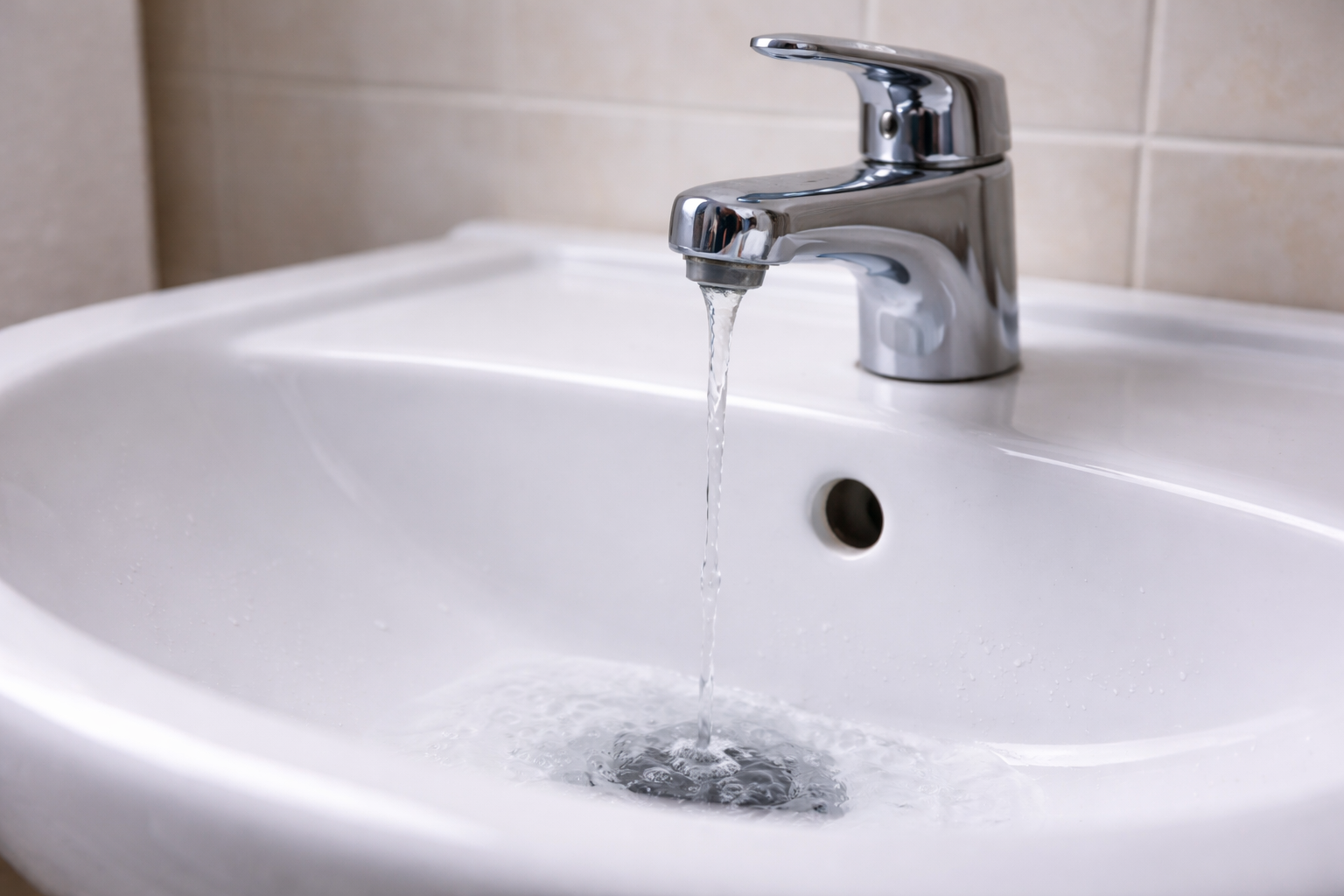 A chrome faucet centered over a white bathroom sink with a steady stream of water flowing into the drain.