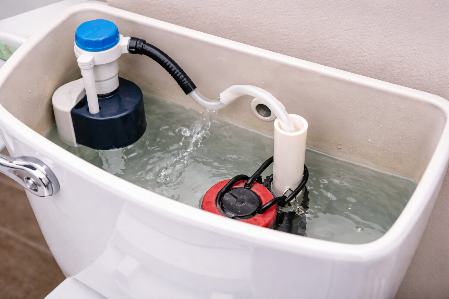 Open white toilet tank with water filling through a small black tube into a vertical pipe above a red flush valve.