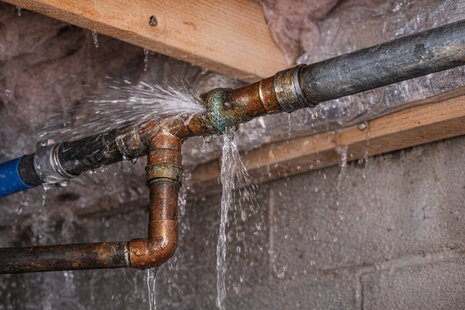 Water spraying from a corroded copper pipe joint attached to a wooden ceiling joist in a basement.