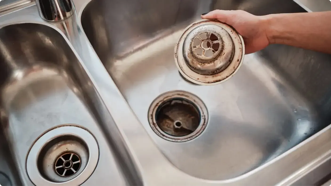 A hand holding a removed sink strainer above a dirty drain in a stainless steel kitchen sink.