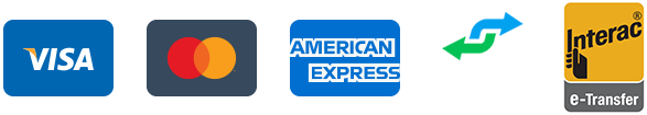 Logos for payment methods: Visa, Mastercard, American Express, E-transfer, and Interac.