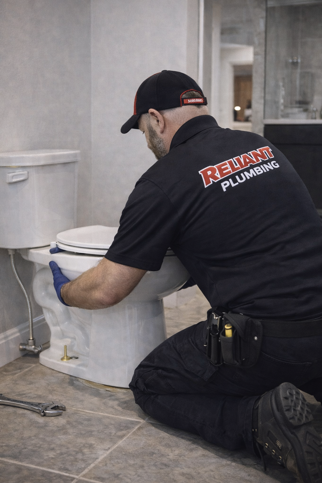 Plumber in black shirt and cap installing a toilet in a bathroom, blue gloves on hands.