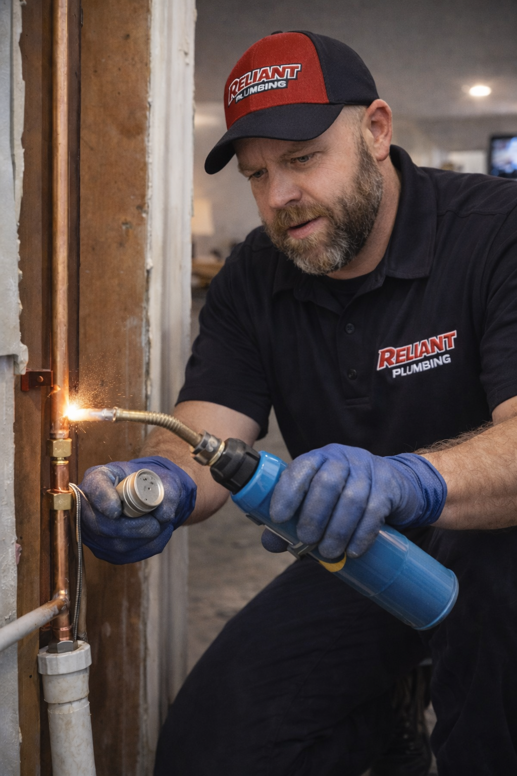 Plumber soldering copper pipes with a torch. Wearing a baseball cap, gloves, and a black shirt.