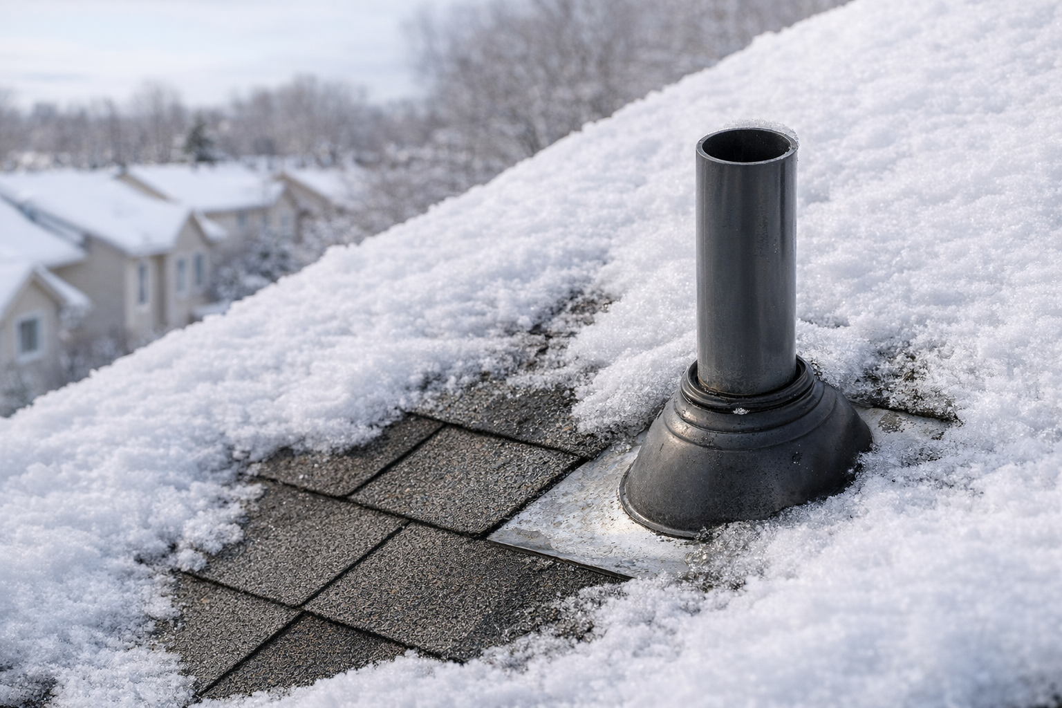 Snow-covered rooftop with a black vent pipe protruding. Snowflakes on shingles, houses in the blurry background.