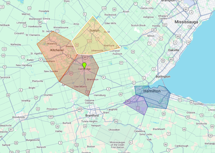 Map with colored polygons highlighting areas around a central point, possibly related to data analysis or segmentation.