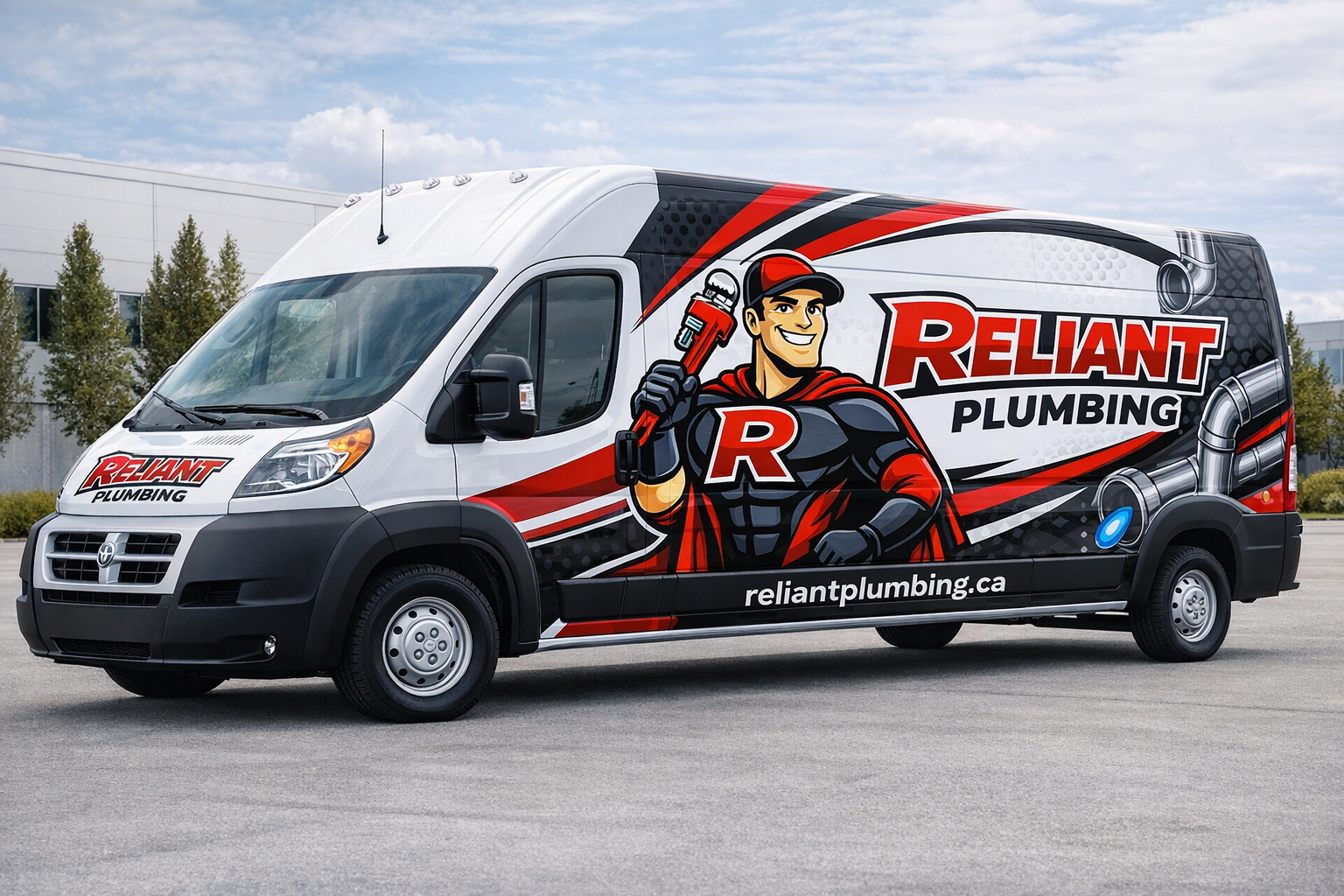 White plumbing van with red and black graphics and a superhero logo.