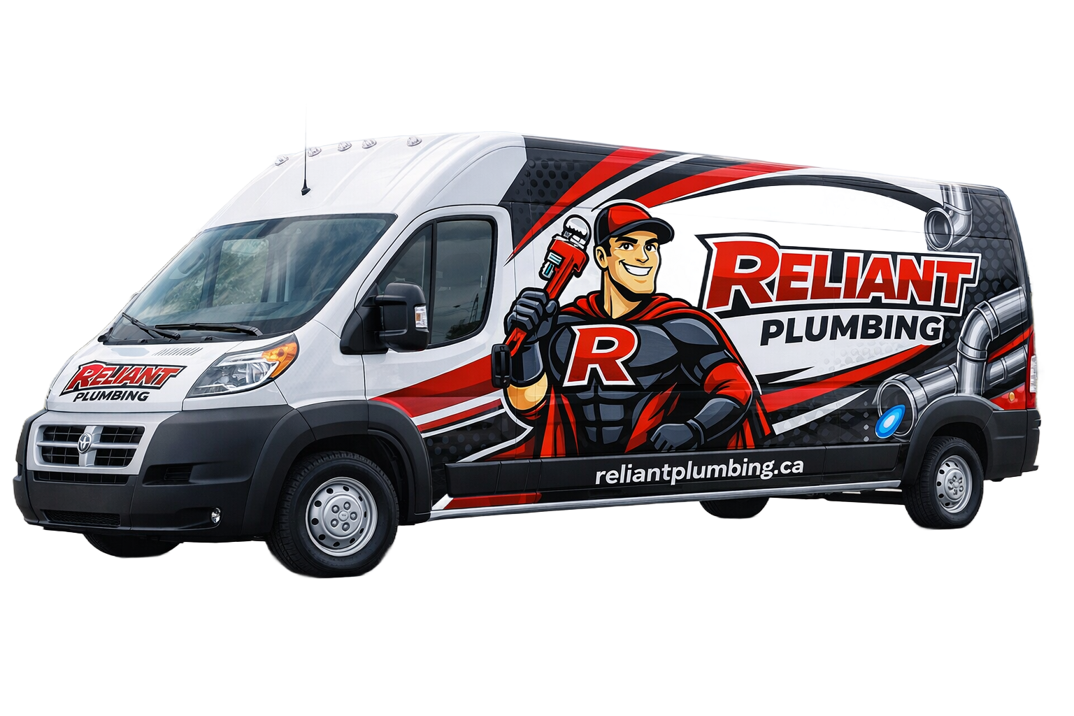 Reliant Plumbing van with a superhero plumber graphic, red/black/white design.
