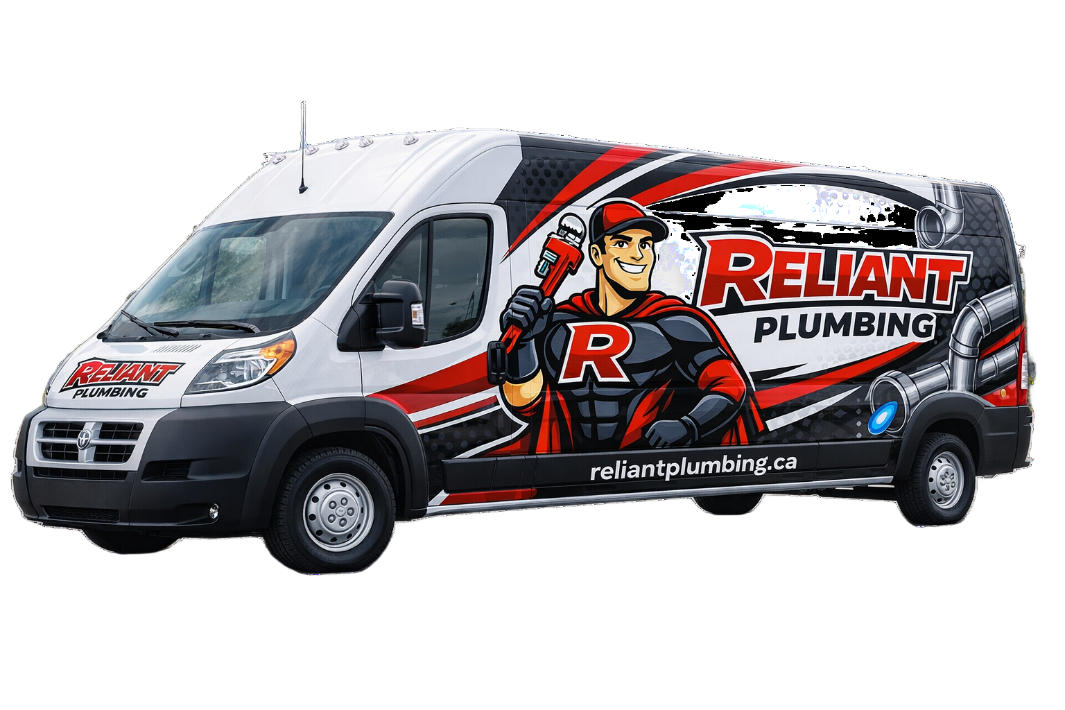 Reliant Plumbing van with superhero plumber graphic, red/black accents.