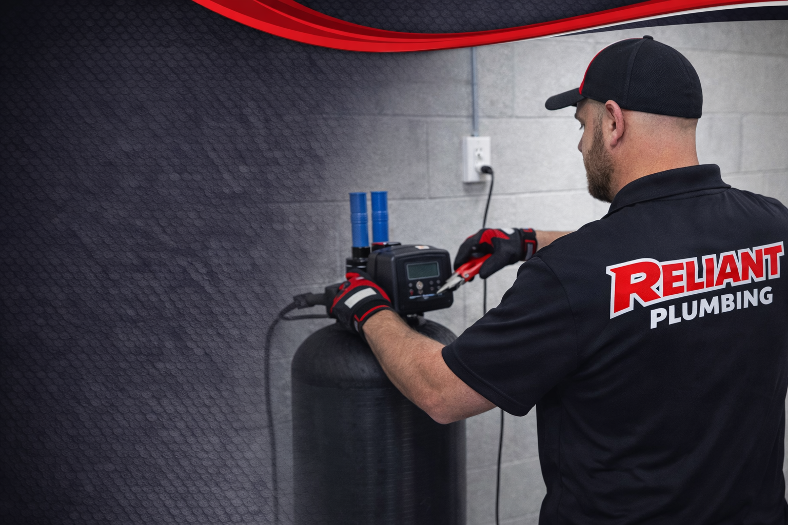 Plumber in black shirt with red logo works on a water filtration system. Dark setting with red accents.