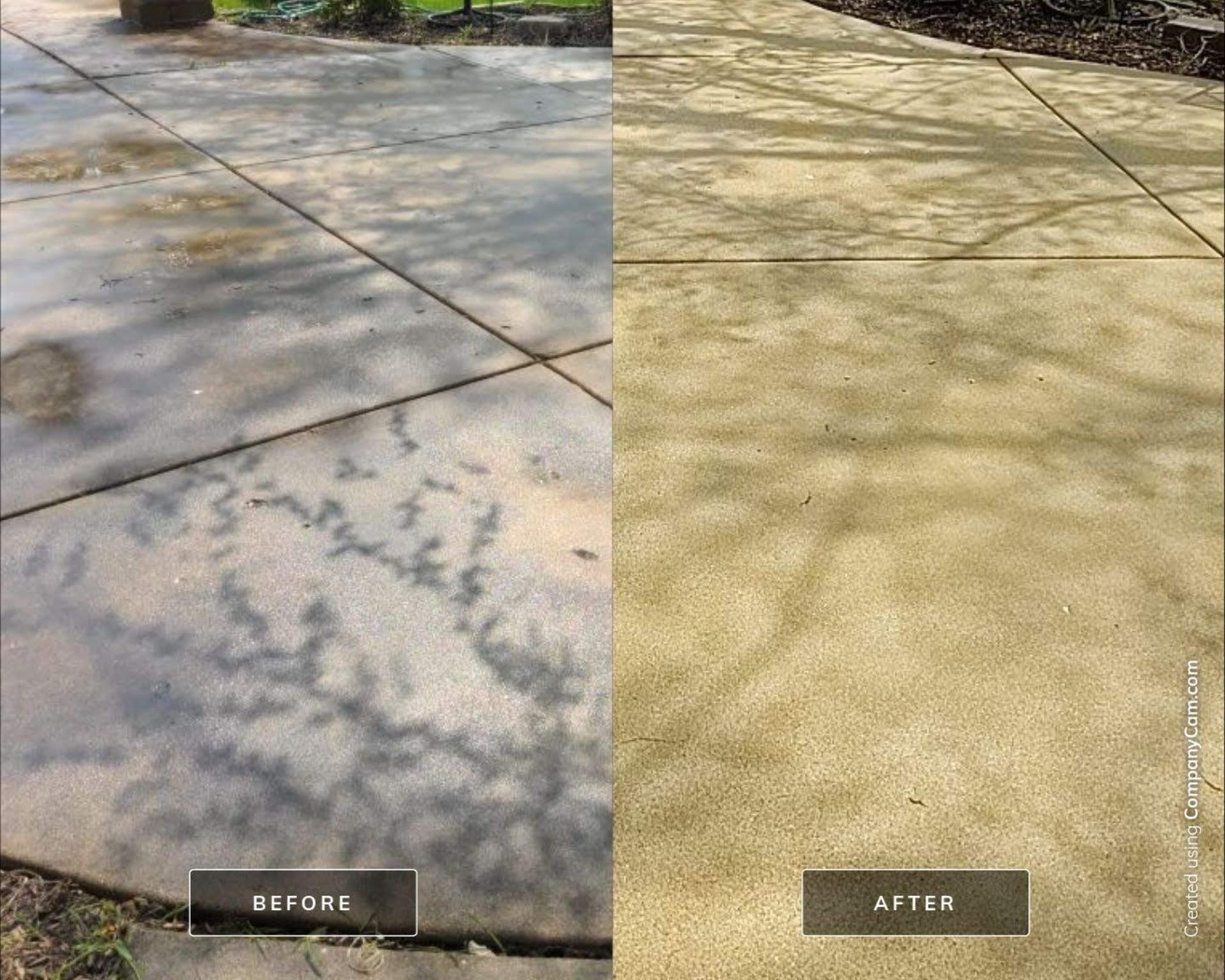 Comparison of a before-and-after shot of a concrete patio cleaned with a pressure washer. The before shot is dirty, the after shot is clean.