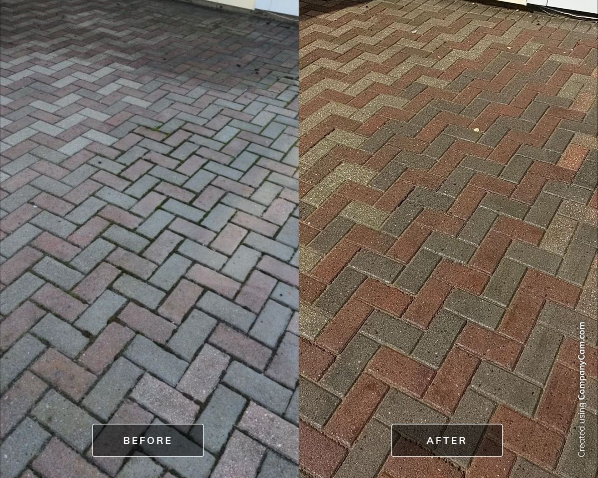 Before and after comparison of brick pavers; left pavers are dirty, right pavers are clean and bright.