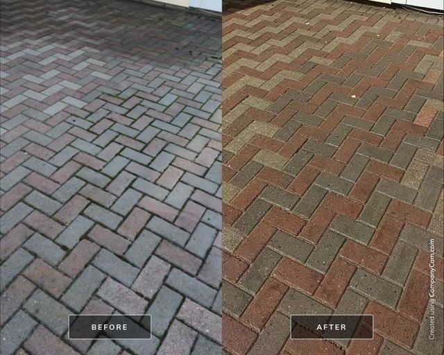 Before and after comparison of brick pavers; left pavers are dirty, right pavers are clean and bright.