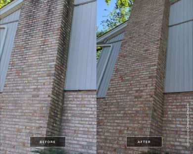 Comparison of a brick chimney before and after cleaning, showing noticeable removal of black dirt and discoloration.