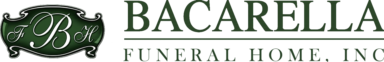 Logo for Bacarella Funeral Home, Inc. featuring a green ornate emblem with a white script "BH" monogram.