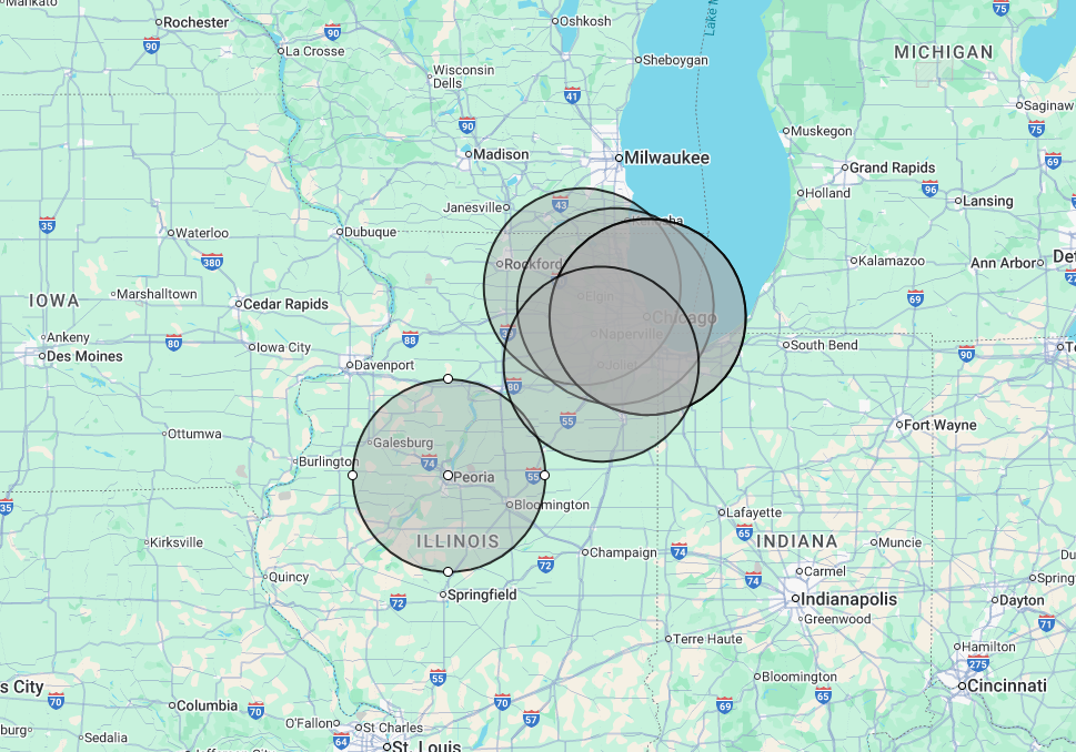 A map of the state of illinois with three circles on it.